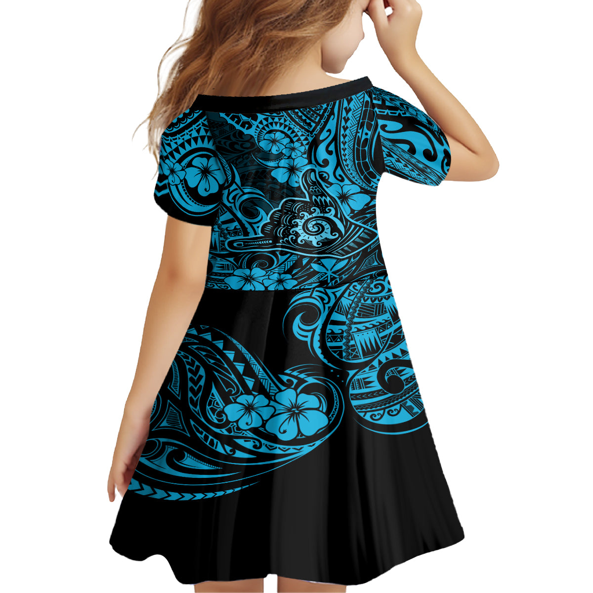 Hawaii Shaka Sign Family Matching Off Shoulder Short Dress and Hawaiian Shirt Polynesian Pattern Sky Blue Version LT01 - Polynesian Pride