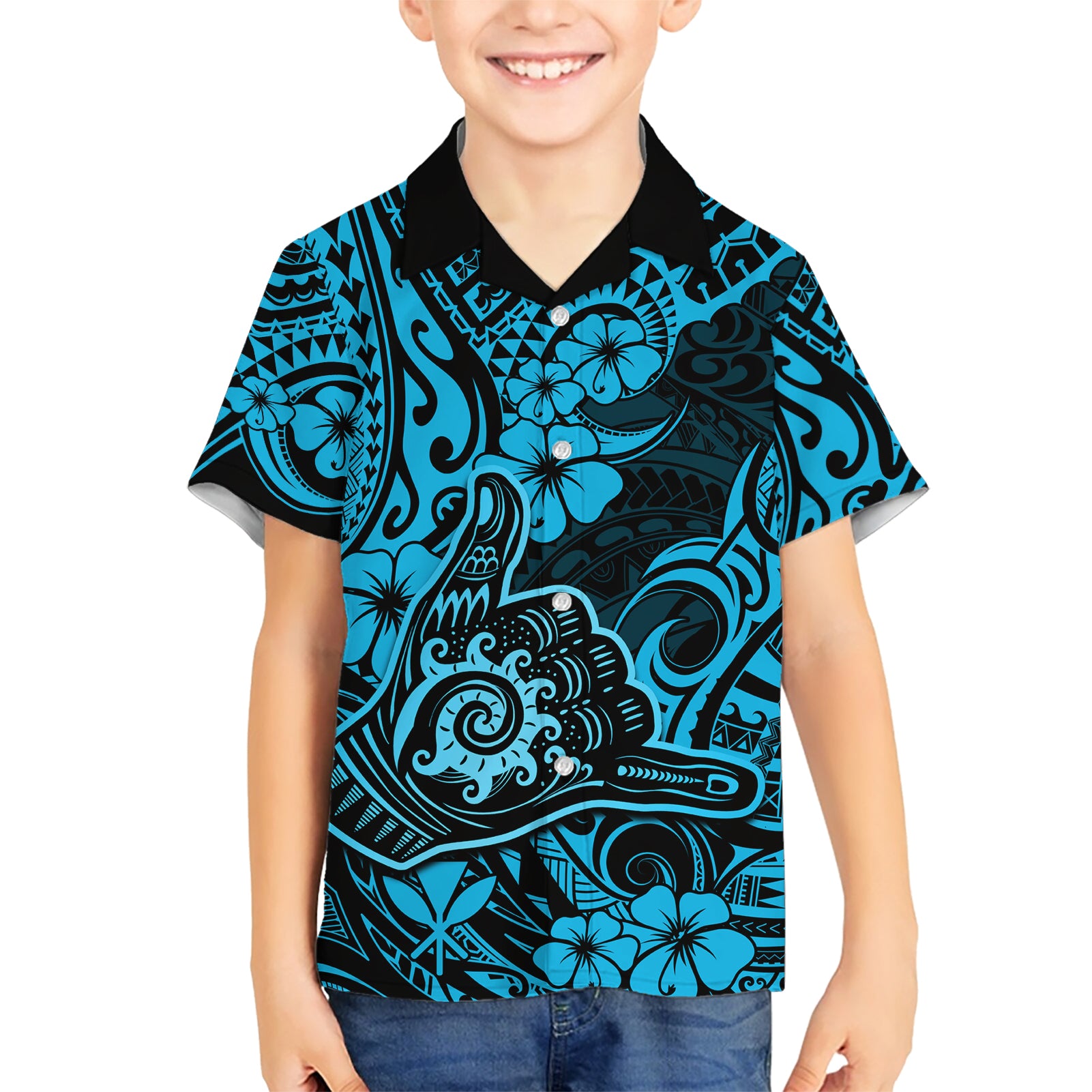 Hawaii Shaka Sign Kid Hawaiian Shirt Polynesian Pattern Sky Blue Version LT01 Kid Blue - Polynesian Pride