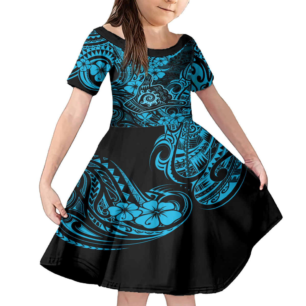 Hawaii Shaka Sign Kid Short Sleeve Dress Polynesian Pattern Sky Blue Version LT01 KID Blue - Polynesian Pride