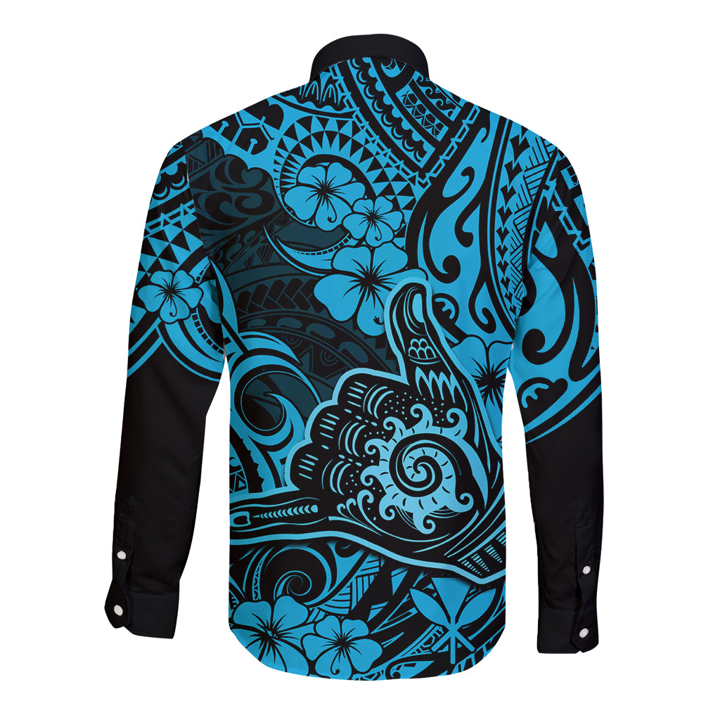 Hawaii Shaka Sign Long Sleeve Button Shirt Polynesian Pattern Sky Blue Version LT01 - Polynesian Pride