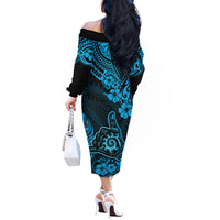 Hawaii Shaka Sign Off The Shoulder Long Sleeve Dress Polynesian Pattern Sky Blue Version LT01 - Polynesian Pride