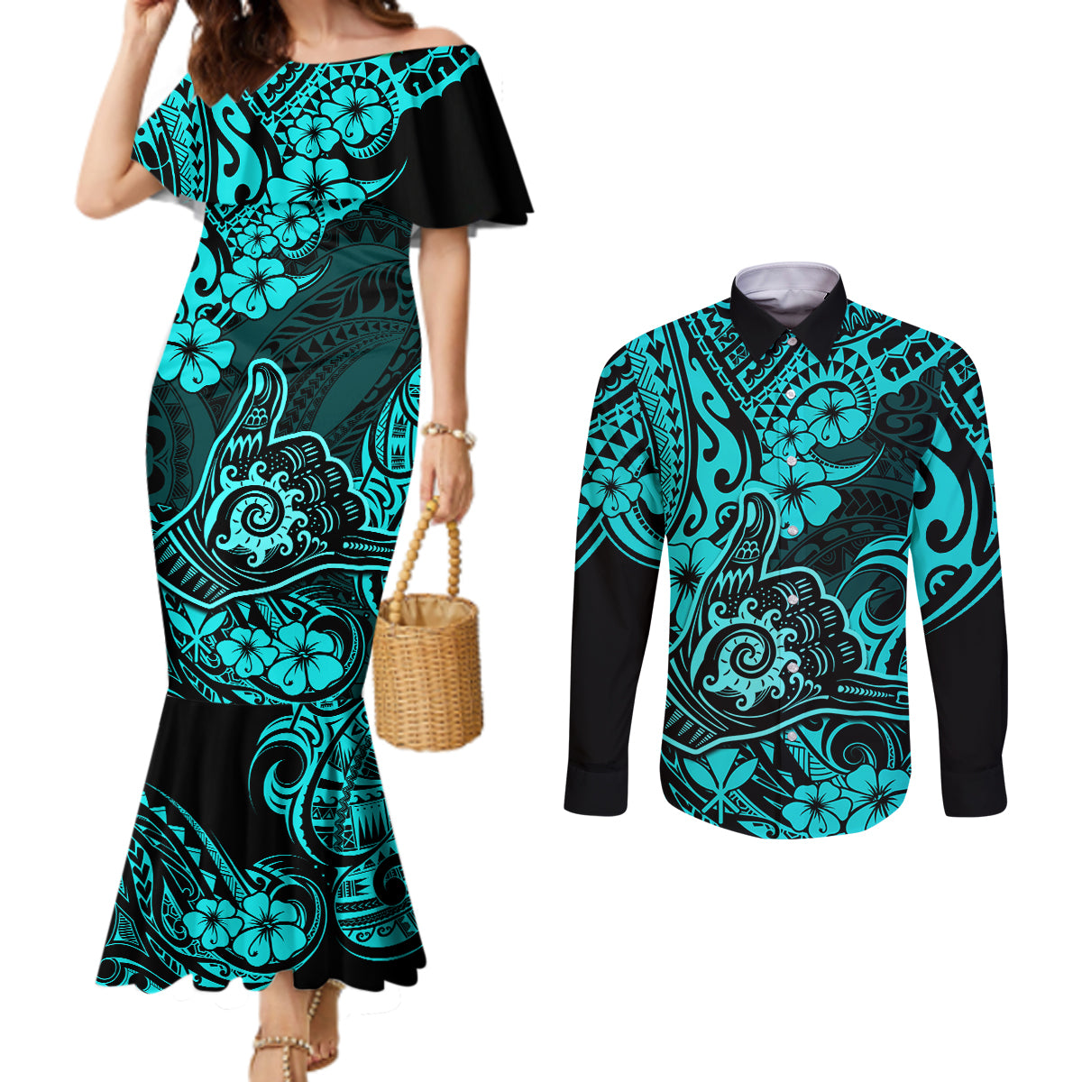 Hawaii Shaka Sign Couples Matching Mermaid Dress and Long Sleeve Button Shirts Polynesian Pattern Turquoise Version LT01 Turquoise - Polynesian Pride