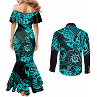 Hawaii Shaka Sign Couples Matching Mermaid Dress and Long Sleeve Button Shirts Polynesian Pattern Turquoise Version LT01 - Polynesian Pride