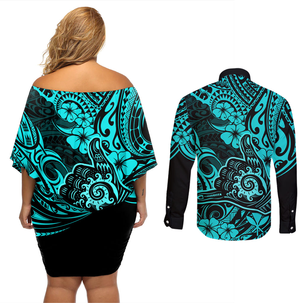 Hawaii Shaka Sign Couples Matching Off Shoulder Short Dress and Long Sleeve Button Shirts Polynesian Pattern Turquoise Version LT01 - Polynesian Pride