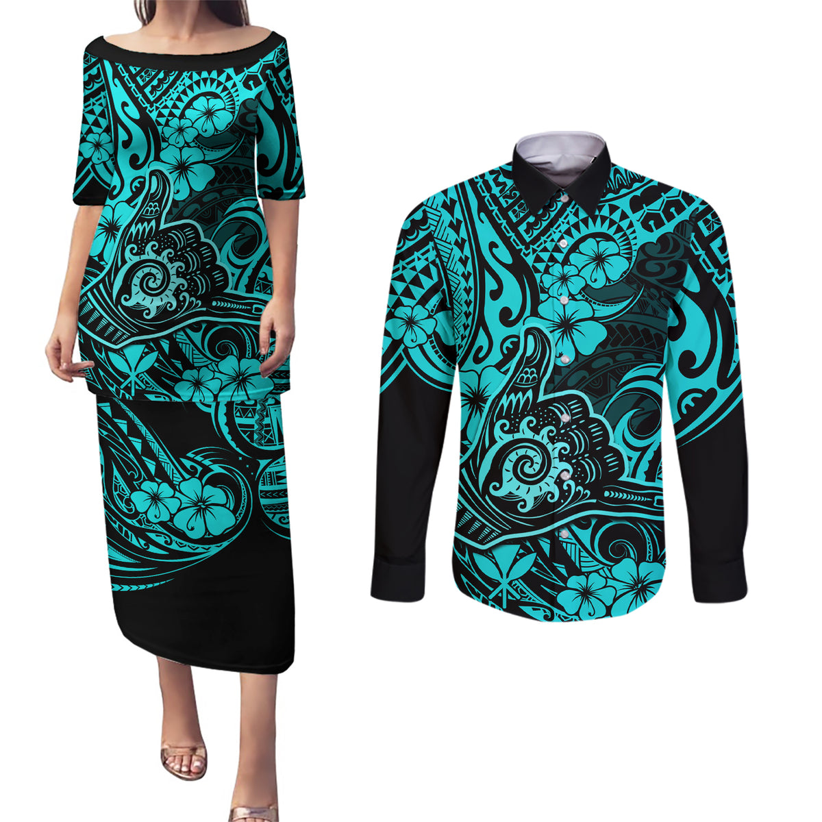 Hawaii Shaka Sign Couples Matching Puletasi Dress and Long Sleeve Button Shirts Polynesian Pattern Turquoise Version LT01 Turquoise - Polynesian Pride