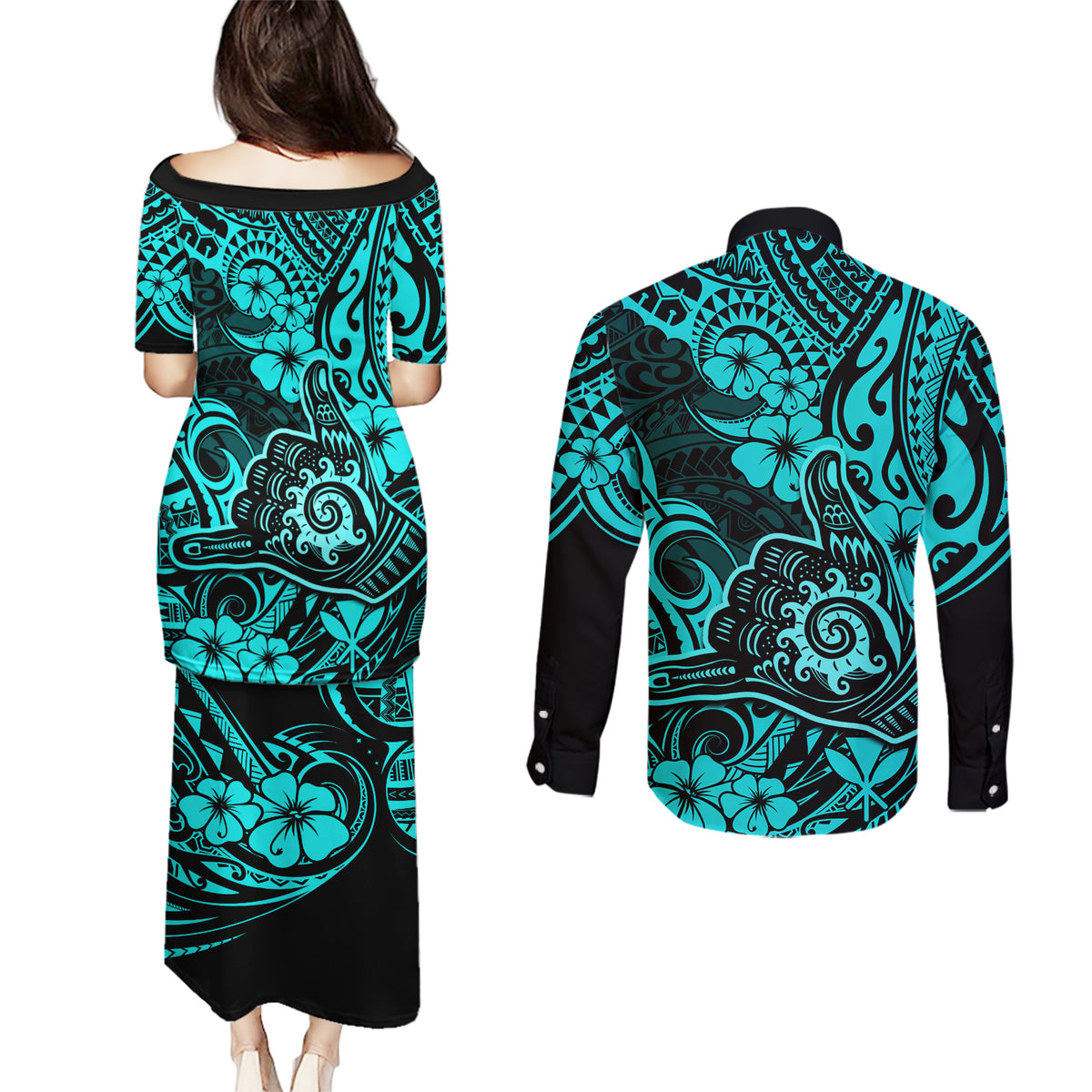 Hawaii Shaka Sign Couples Matching Puletasi Dress and Long Sleeve Button Shirts Polynesian Pattern Turquoise Version LT01 - Polynesian Pride