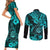Hawaii Shaka Sign Couples Matching Short Sleeve Bodycon Dress and Long Sleeve Button Shirts Polynesian Pattern Turquoise Version LT01 - Polynesian Pride