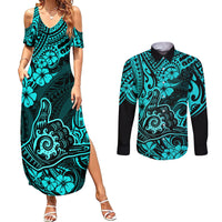 Hawaii Shaka Sign Couples Matching Summer Maxi Dress and Long Sleeve Button Shirts Polynesian Pattern Turquoise Version LT01 Turquoise - Polynesian Pride