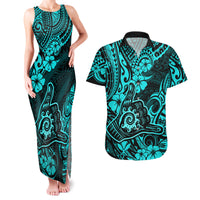 Hawaii Shaka Sign Couples Matching Tank Maxi Dress and Hawaiian Shirt Polynesian Pattern Turquoise Version LT01 Turquoise - Polynesian Pride