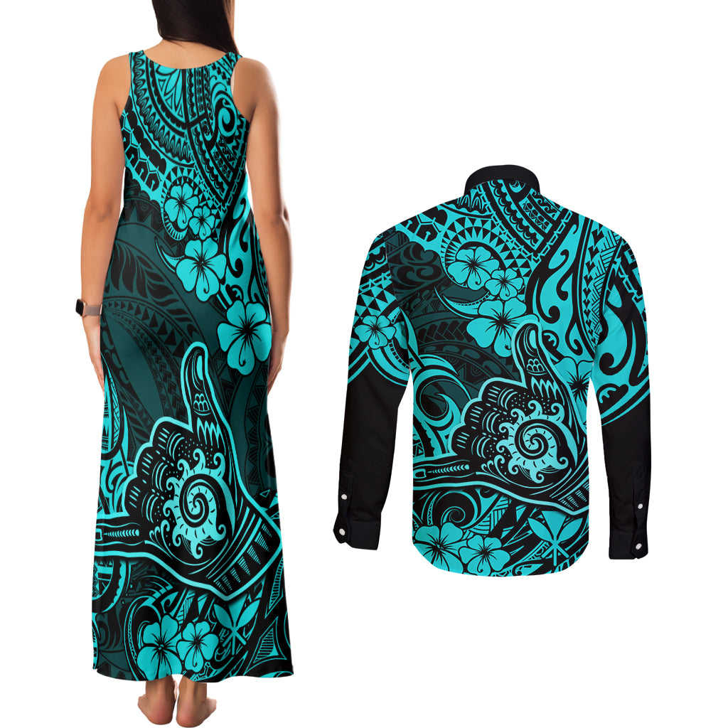 Hawaii Shaka Sign Couples Matching Tank Maxi Dress and Long Sleeve Button Shirts Polynesian Pattern Turquoise Version LT01 - Polynesian Pride