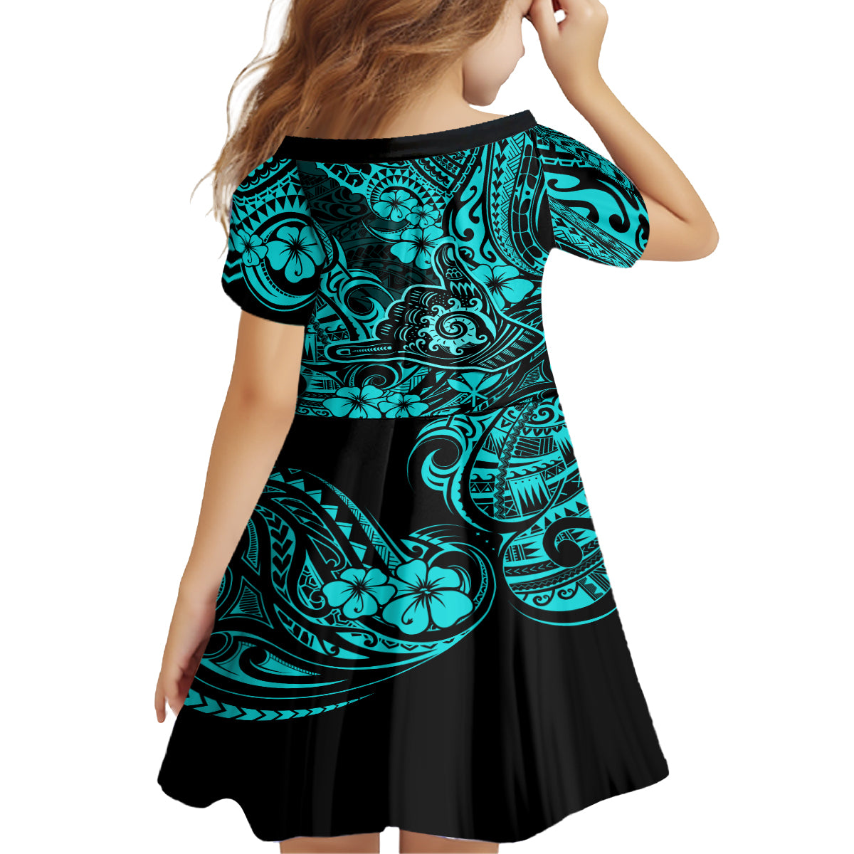 Hawaii Shaka Sign Family Matching Off Shoulder Short Dress and Hawaiian Shirt Polynesian Pattern Turquoise Version LT01 - Polynesian Pride