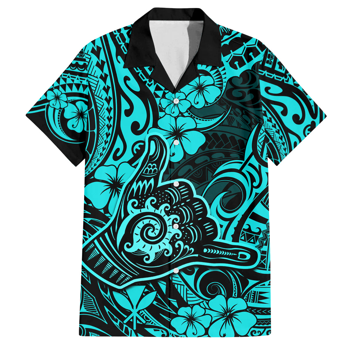 Hawaii Shaka Sign Family Matching Off Shoulder Short Dress and Hawaiian Shirt Polynesian Pattern Turquoise Version LT01 Dad's Shirt - Short Sleeve Turquoise - Polynesian Pride