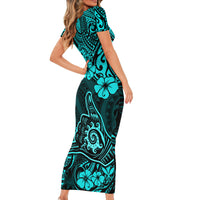 Hawaii Shaka Sign Family Matching Short Sleeve Bodycon Dress and Hawaiian Shirt Polynesian Pattern Turquoise Version LT01 - Polynesian Pride
