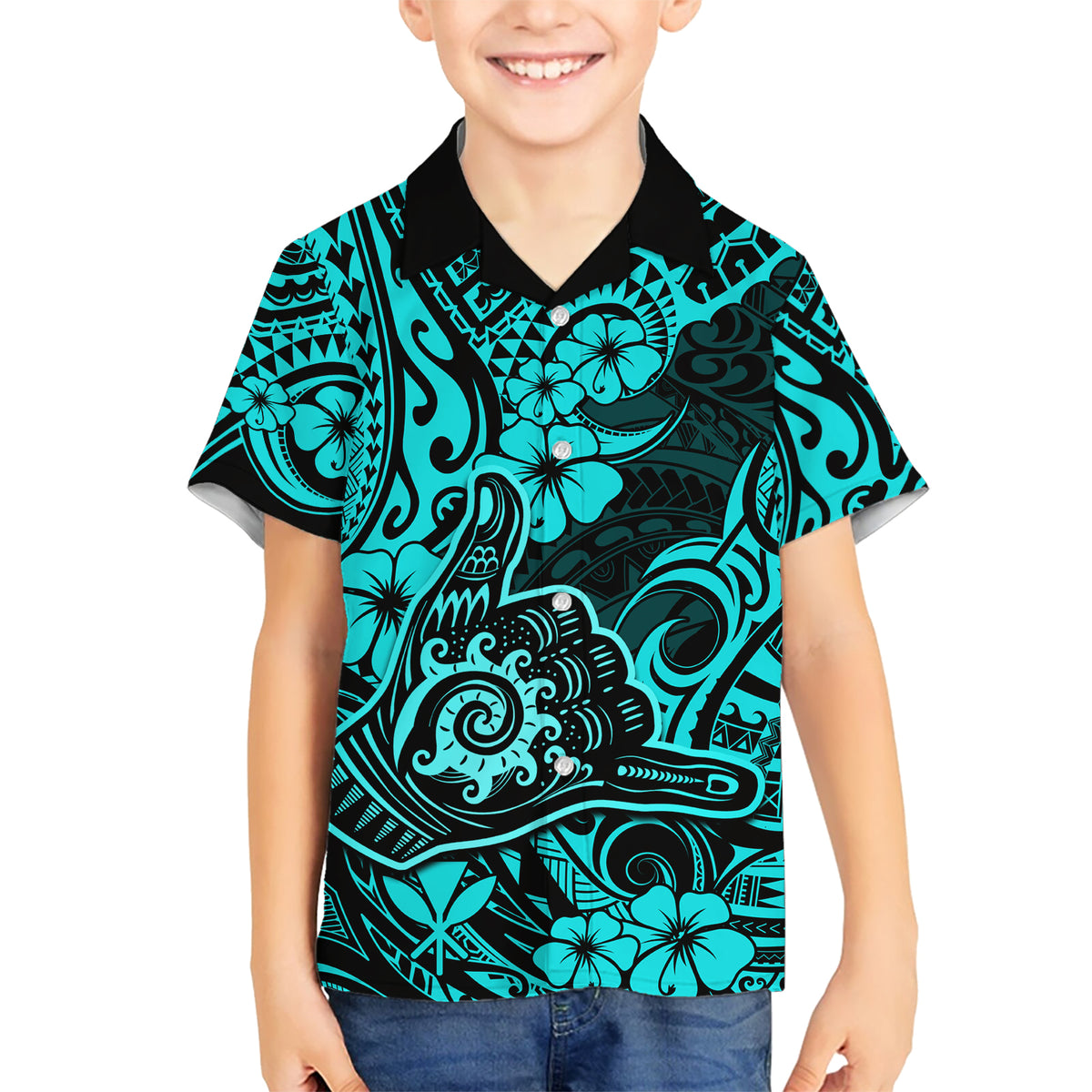 Hawaii Shaka Sign Kid Hawaiian Shirt Polynesian Pattern Turquoise Version LT01 Kid Turquoise - Polynesian Pride