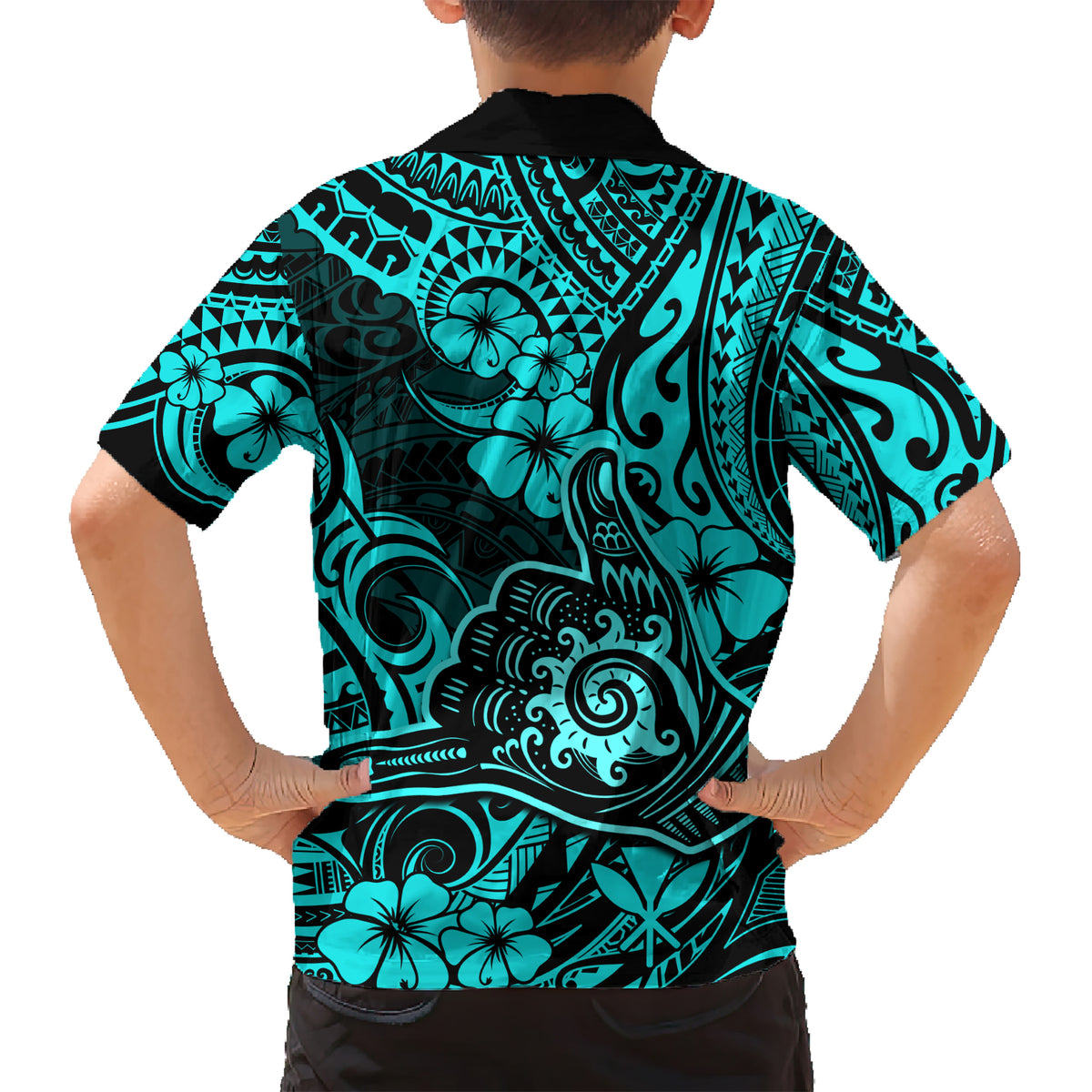 Hawaii Shaka Sign Kid Hawaiian Shirt Polynesian Pattern Turquoise Version LT01 - Polynesian Pride