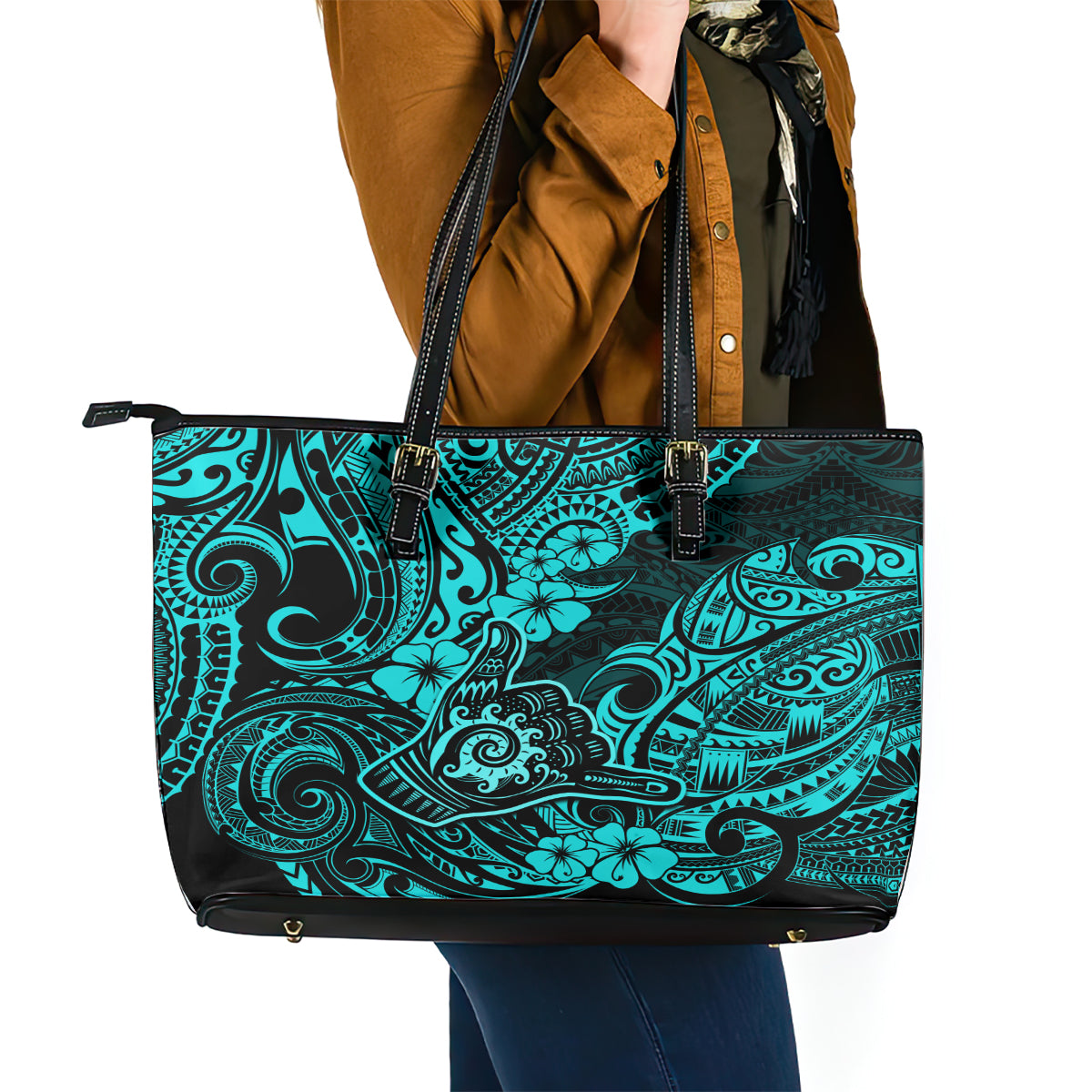 Hawaii Shaka Sign Leather Tote Bag Polynesian Pattern Turquoise Version LT01 - Polynesian Pride