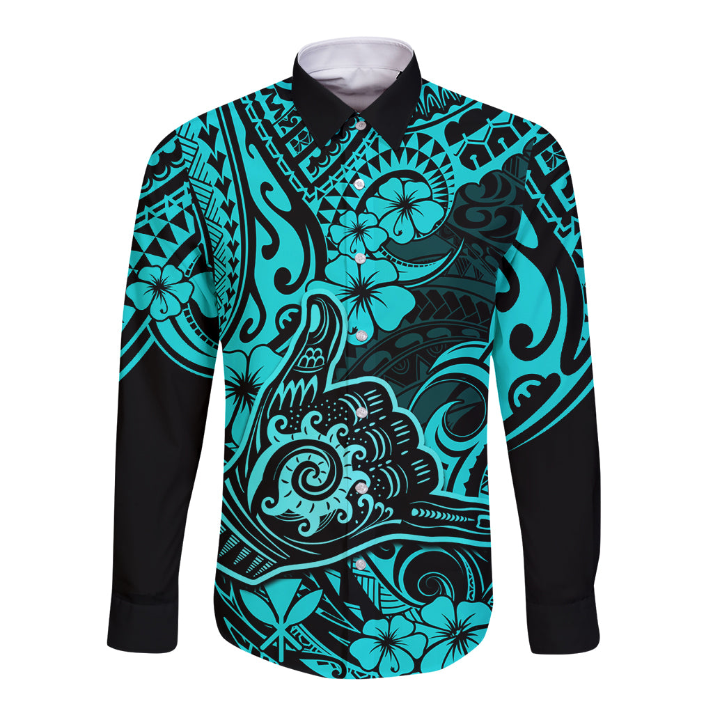 Hawaii Shaka Sign Long Sleeve Button Shirt Polynesian Pattern Turquoise Version LT01 Unisex Turquoise - Polynesian Pride