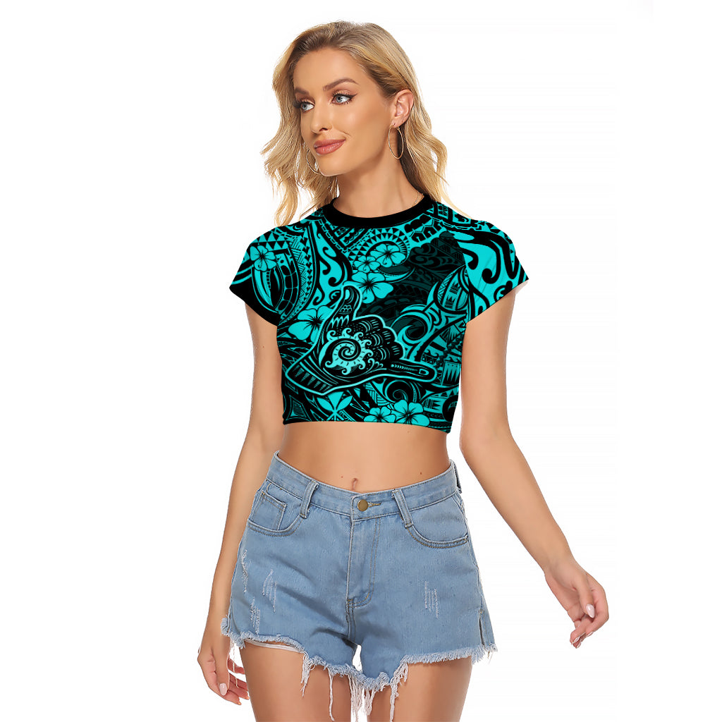 Hawaii Shaka Sign Raglan Cropped T Shirt Polynesian Pattern Turquoise Version LT01 Female Turquoise - Polynesian Pride