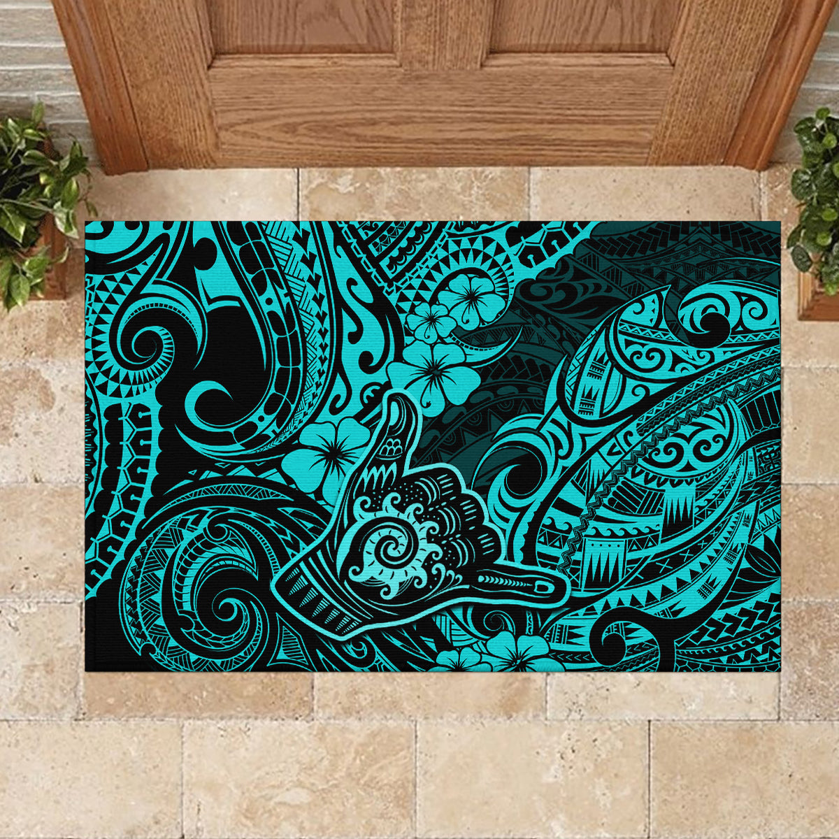Hawaii Shaka Sign Rubber Doormat Polynesian Pattern Turquoise Version LT01 - Polynesian Pride