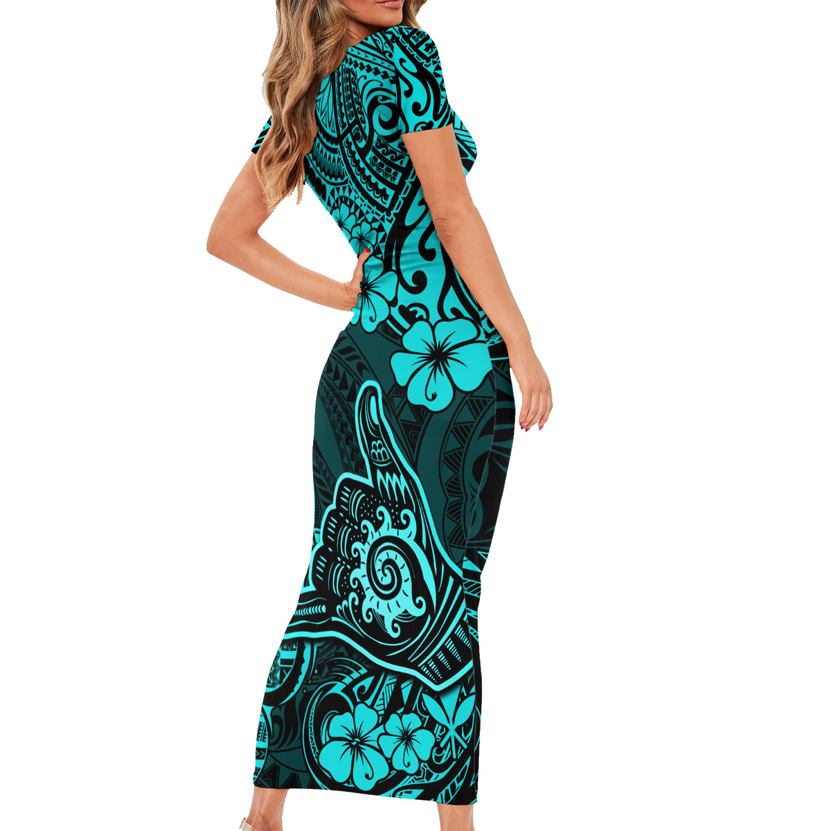 Hawaii Shaka Sign Short Sleeve Bodycon Dress Polynesian Pattern Turquoise Version LT01 - Polynesian Pride