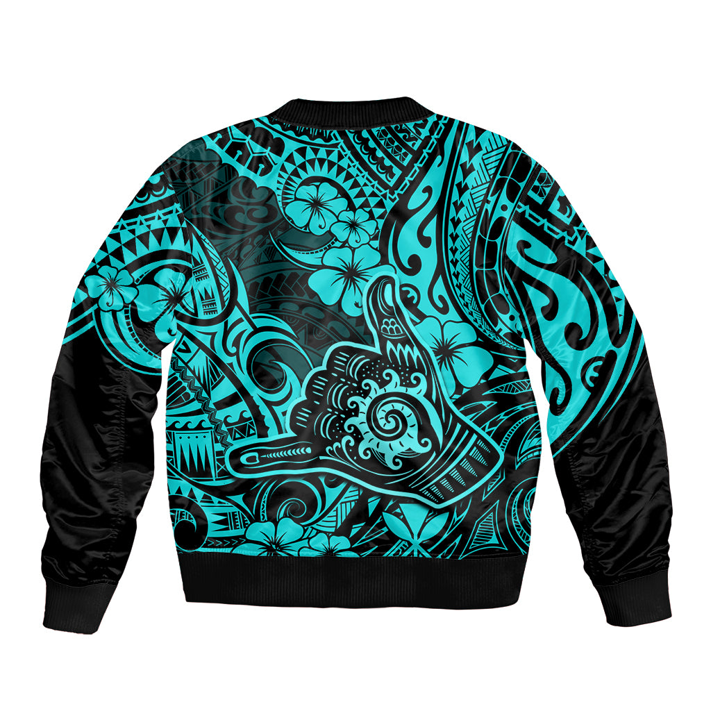 Hawaii Shaka Sign Sleeve Zip Bomber Jacket Polynesian Pattern Turquoise Version LT01 - Polynesian Pride