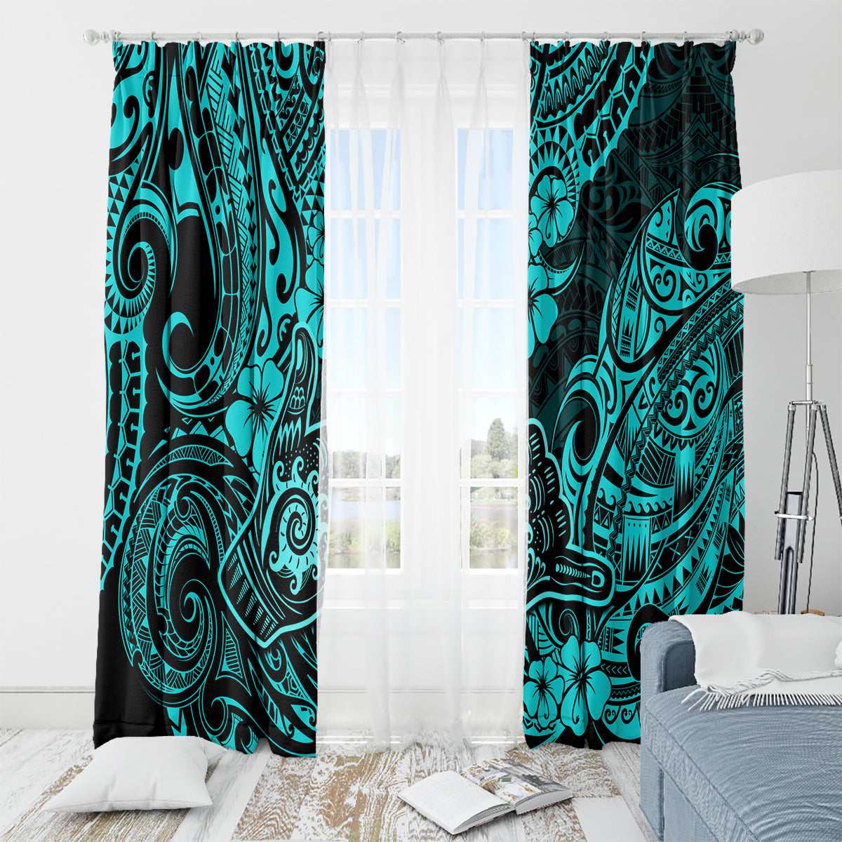 Hawaii Shaka Sign Window Curtain Polynesian Pattern Turquoise Version LT01 - Polynesian Pride