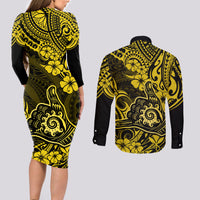Hawaii Shaka Sign Couples Matching Long Sleeve Bodycon Dress and Long Sleeve Button Shirts Polynesian Pattern Yellow Version LT01 - Polynesian Pride
