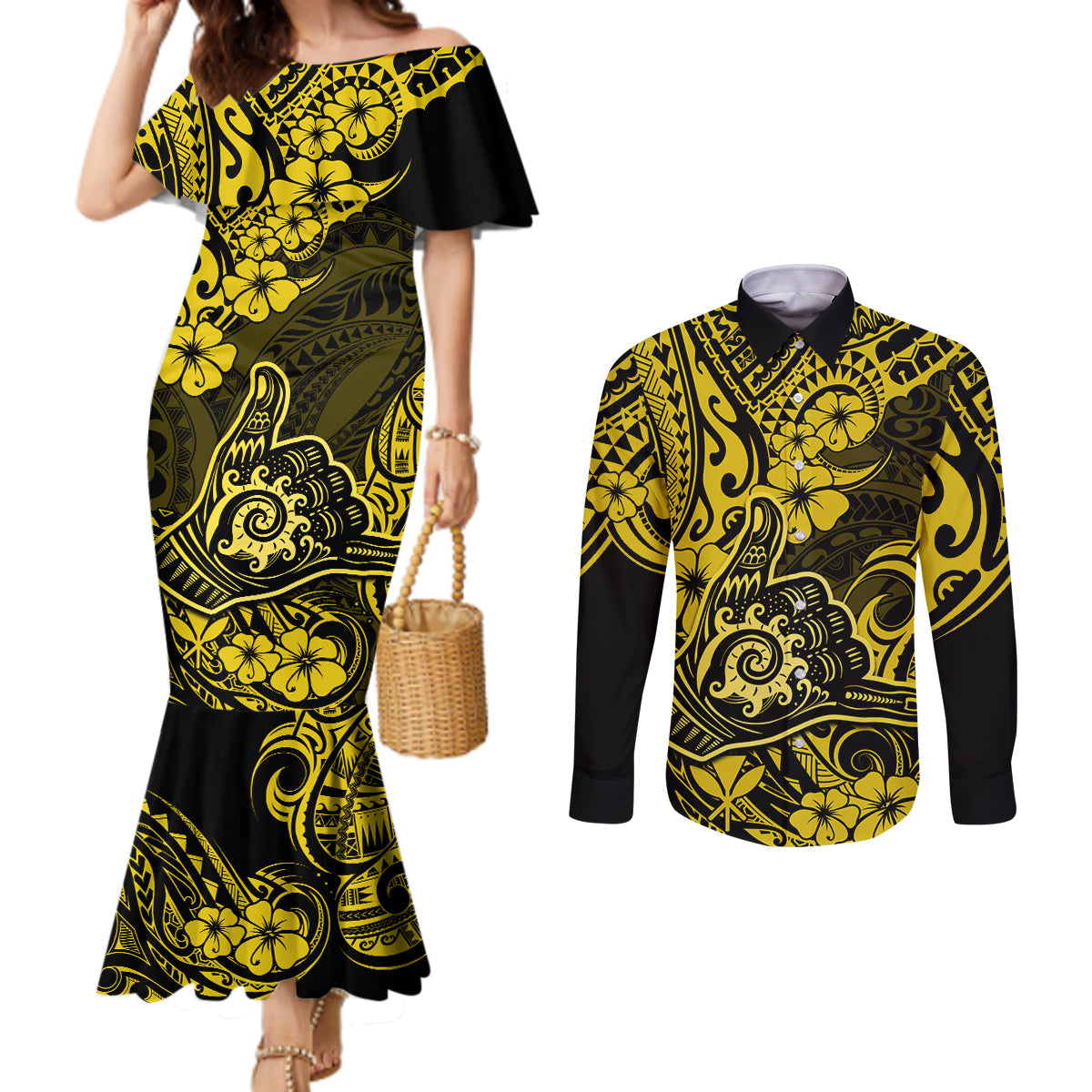 Hawaii Shaka Sign Couples Matching Mermaid Dress and Long Sleeve Button Shirts Polynesian Pattern Yellow Version LT01 Yellow - Polynesian Pride