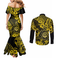 Hawaii Shaka Sign Couples Matching Mermaid Dress and Long Sleeve Button Shirts Polynesian Pattern Yellow Version LT01 - Polynesian Pride