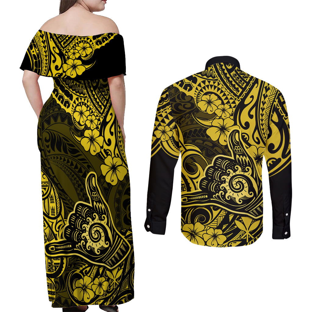 Hawaii Shaka Sign Couples Matching Off Shoulder Maxi Dress and Long Sleeve Button Shirts Polynesian Pattern Yellow Version LT01 - Polynesian Pride