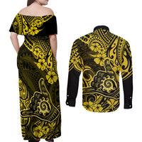 Hawaii Shaka Sign Couples Matching Off Shoulder Maxi Dress and Long Sleeve Button Shirts Polynesian Pattern Yellow Version LT01 - Polynesian Pride