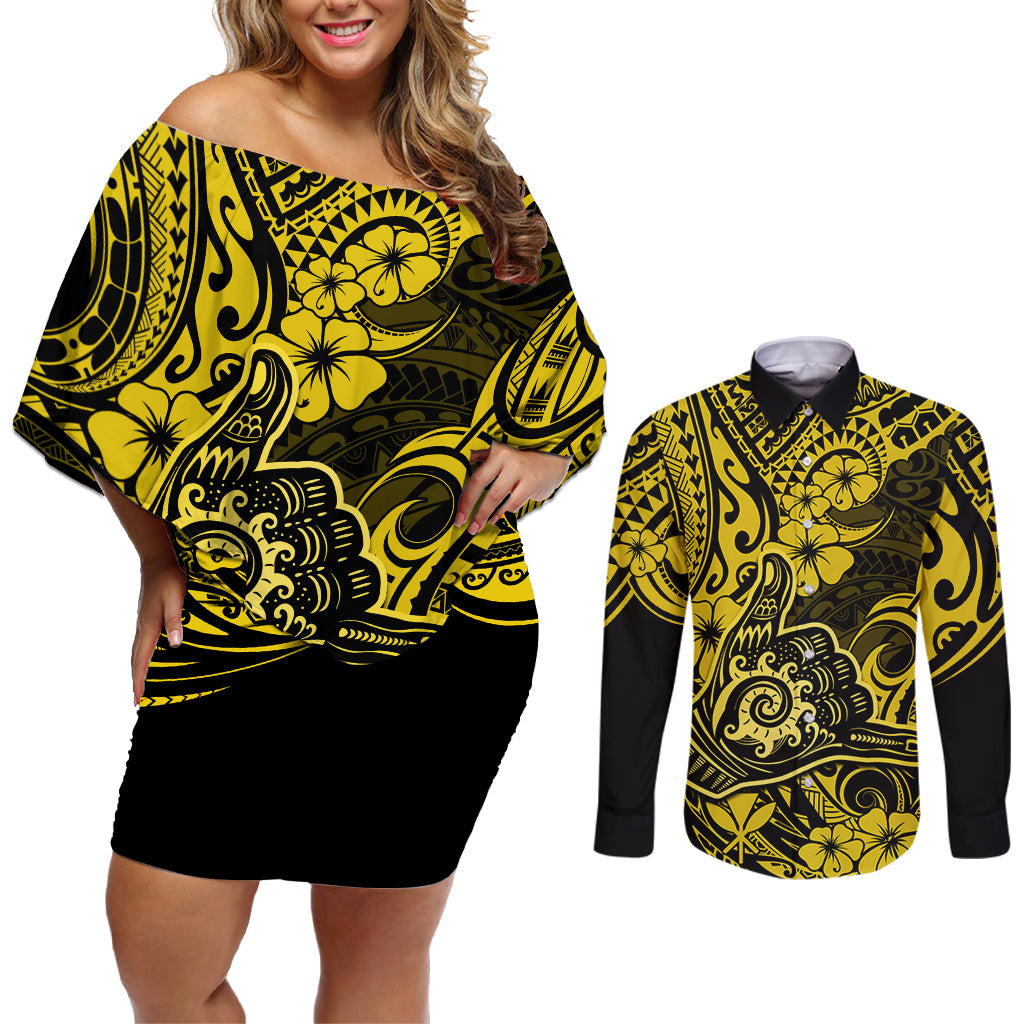 Hawaii Shaka Sign Couples Matching Off Shoulder Short Dress and Long Sleeve Button Shirts Polynesian Pattern Yellow Version LT01 Yellow - Polynesian Pride