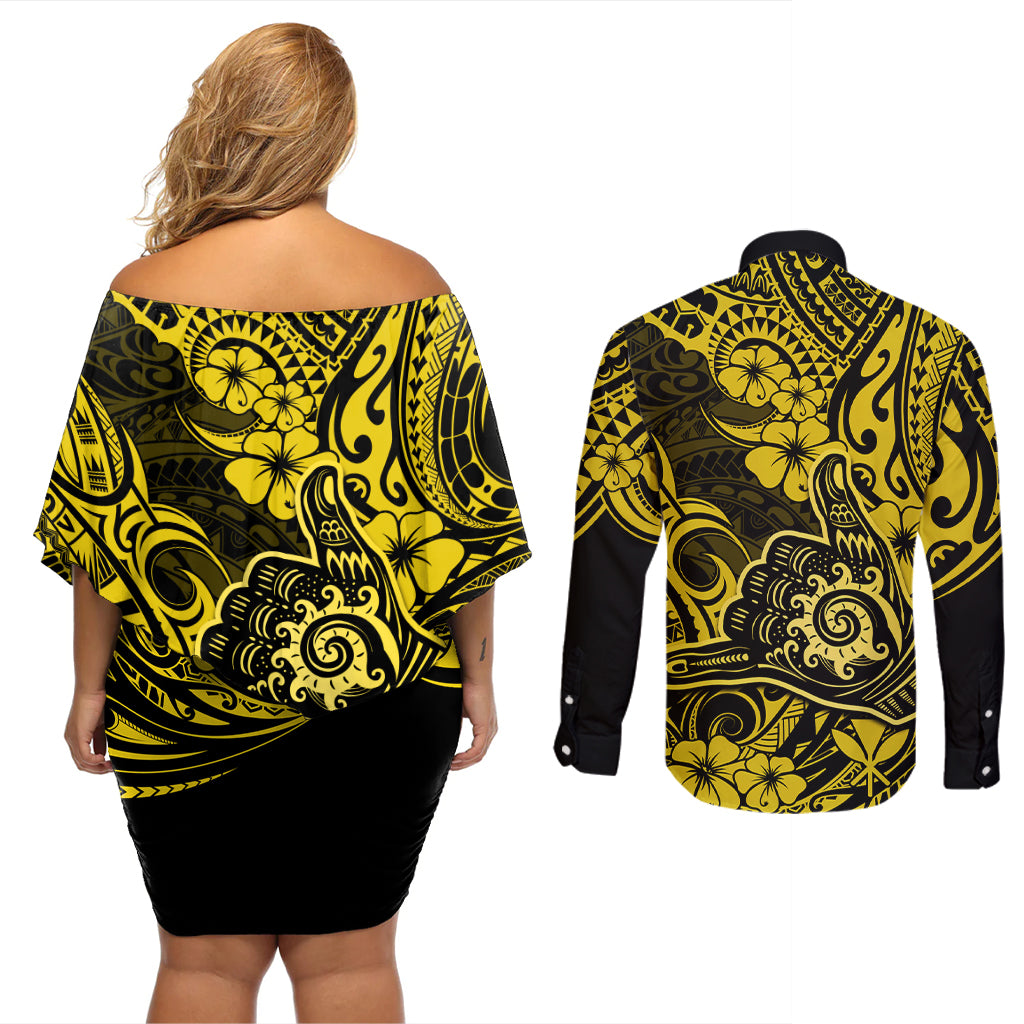 Hawaii Shaka Sign Couples Matching Off Shoulder Short Dress and Long Sleeve Button Shirts Polynesian Pattern Yellow Version LT01 - Polynesian Pride