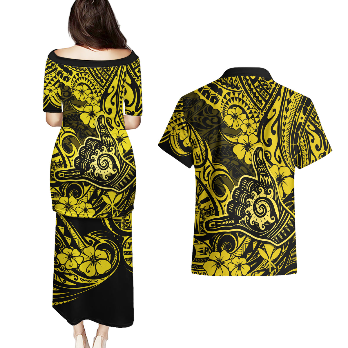 Hawaii Shaka Sign Couples Matching Puletasi Dress and Hawaiian Shirt Polynesian Pattern Yellow Version LT01 - Polynesian Pride