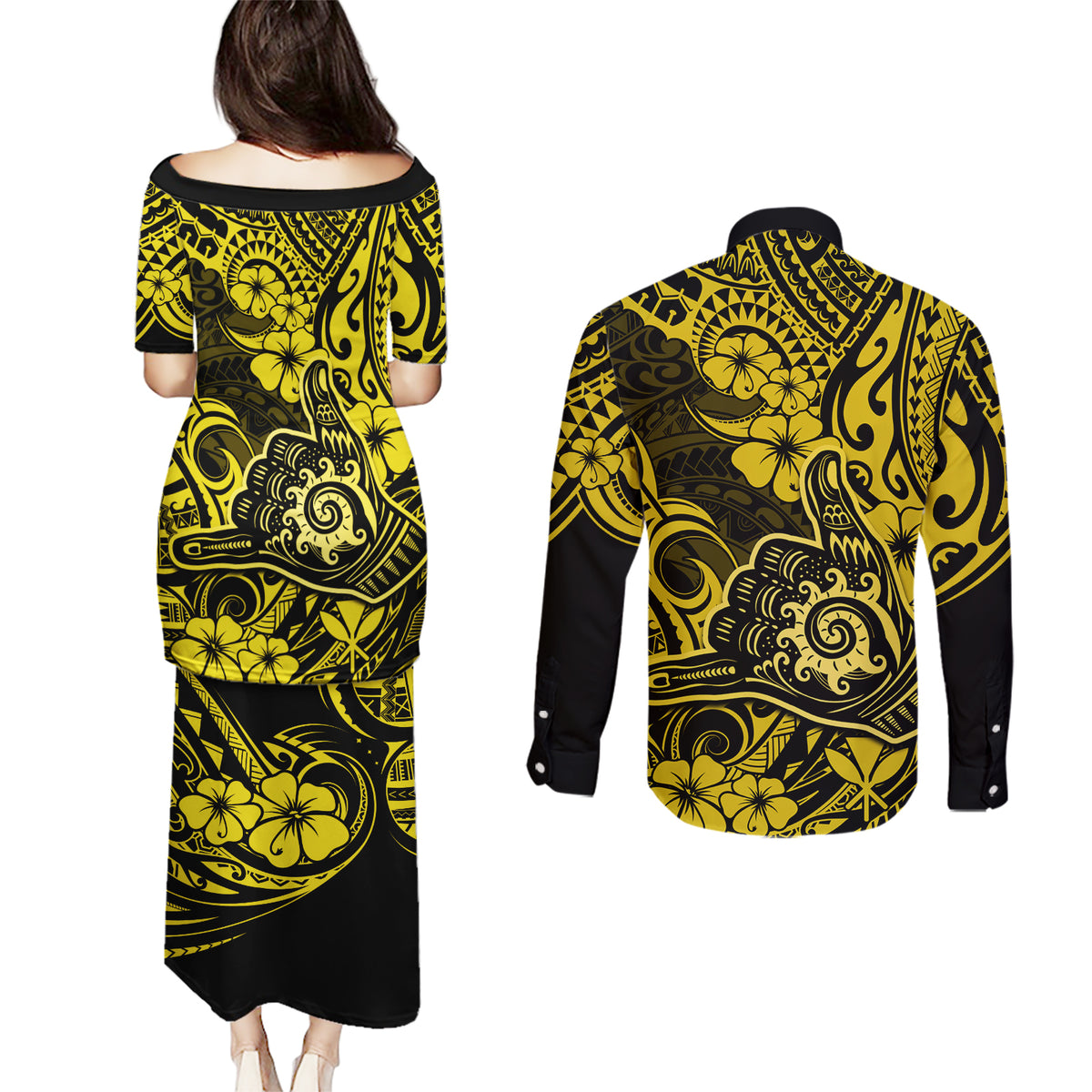 Hawaii Shaka Sign Couples Matching Puletasi Dress and Long Sleeve Button Shirts Polynesian Pattern Yellow Version LT01 - Polynesian Pride