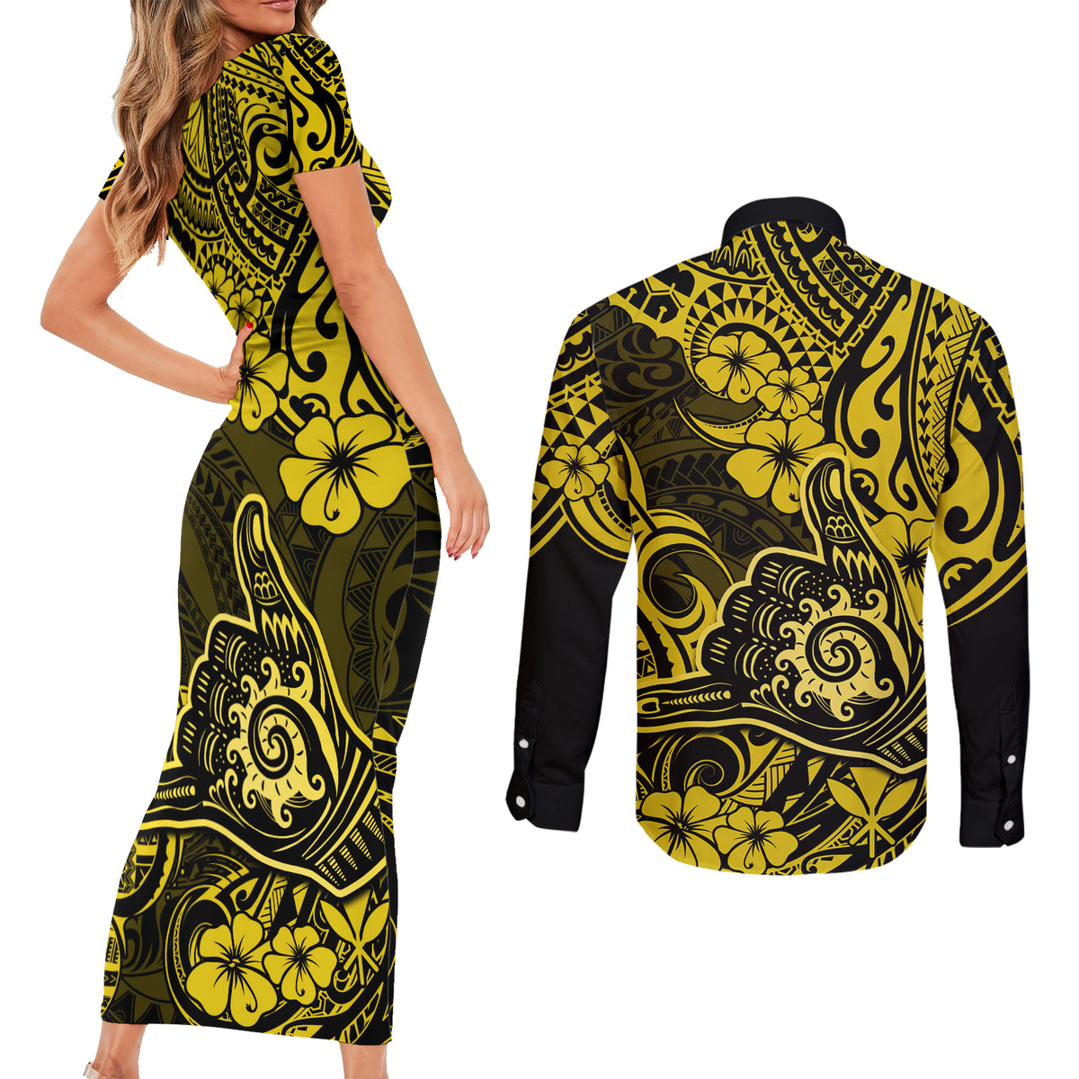 Hawaii Shaka Sign Couples Matching Short Sleeve Bodycon Dress and Long Sleeve Button Shirts Polynesian Pattern Yellow Version LT01 - Polynesian Pride