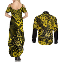 Hawaii Shaka Sign Couples Matching Summer Maxi Dress and Long Sleeve Button Shirts Polynesian Pattern Yellow Version LT01 - Polynesian Pride