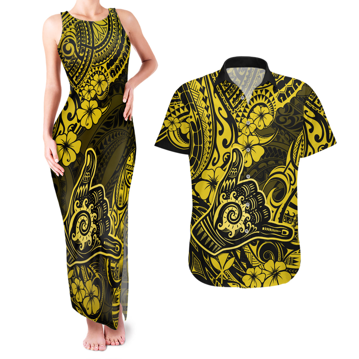 Hawaii Shaka Sign Couples Matching Tank Maxi Dress and Hawaiian Shirt Polynesian Pattern Yellow Version LT01 Yellow - Polynesian Pride