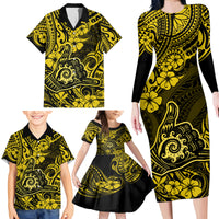 Hawaii Shaka Sign Family Matching Long Sleeve Bodycon Dress and Hawaiian Shirt Polynesian Pattern Yellow Version LT01 - Polynesian Pride