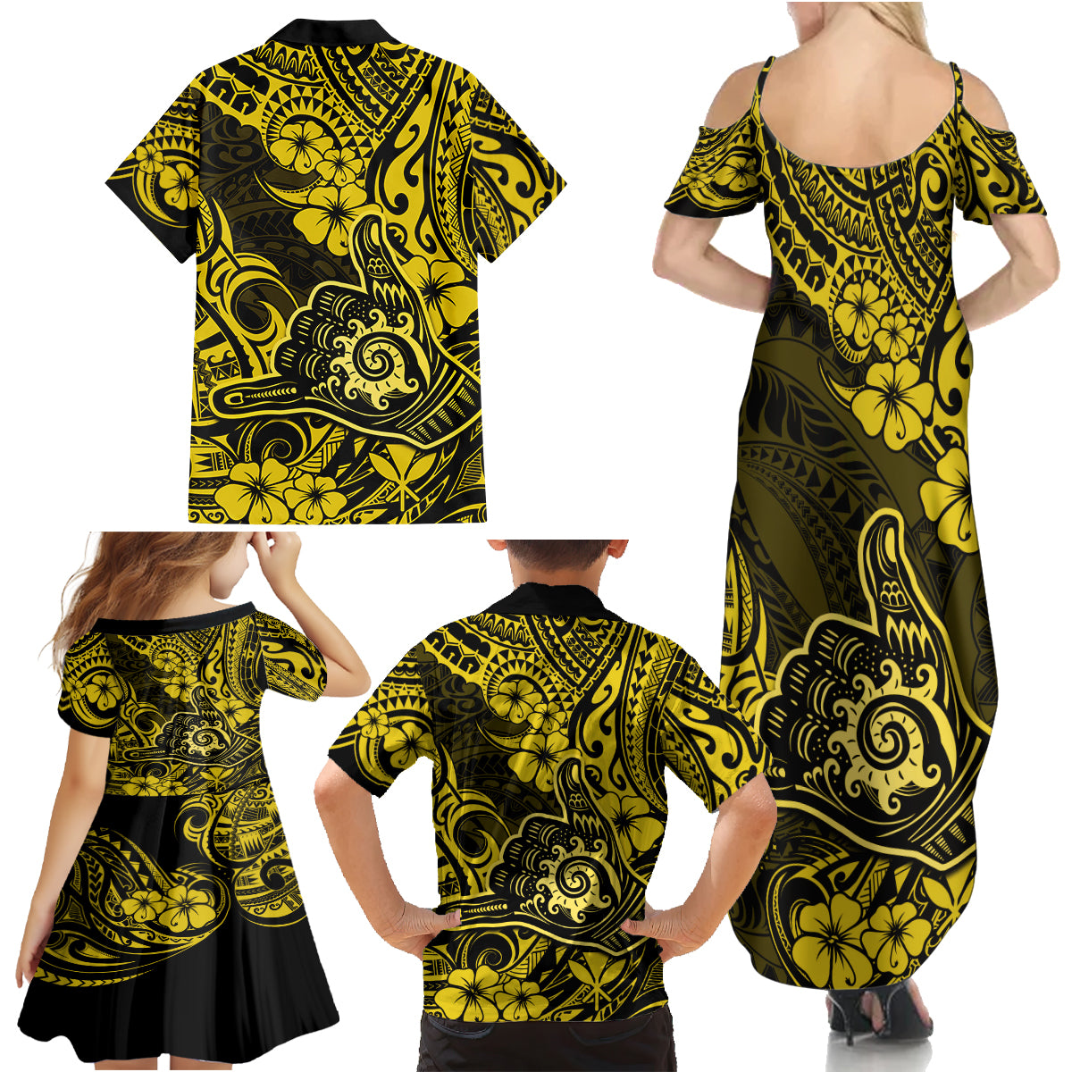 Hawaii Shaka Sign Family Matching Summer Maxi Dress and Hawaiian Shirt Polynesian Pattern Yellow Version LT01 - Polynesian Pride