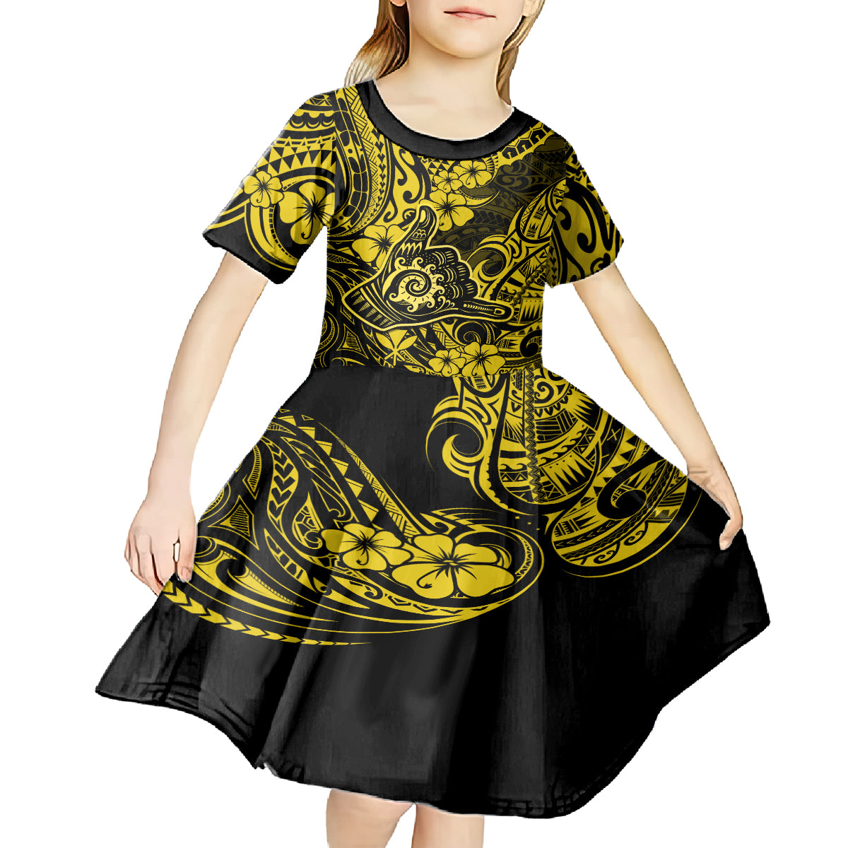 Hawaii Shaka Sign Kid Short Sleeve Dress Polynesian Pattern Yellow Version LT01 - Polynesian Pride
