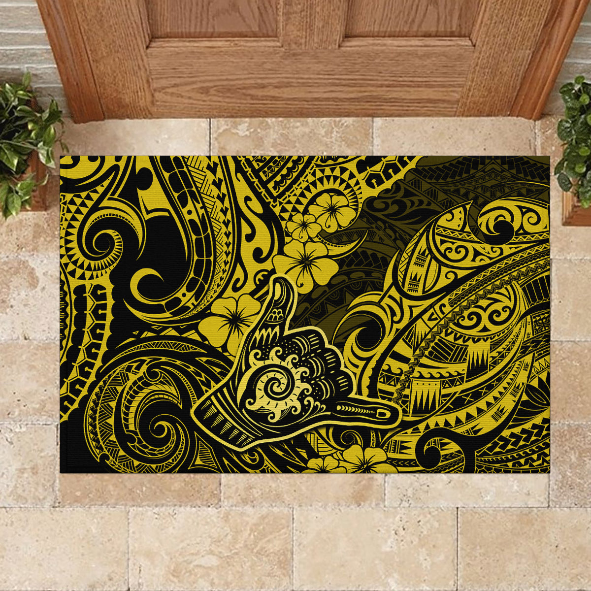Hawaii Shaka Sign Rubber Doormat Polynesian Pattern Yellow Version LT01 - Polynesian Pride