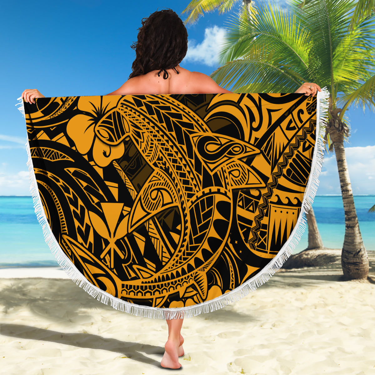 Hawaii Shark Beach Blanket Polynesian Pattern Gold Version LT01 - Wonder Print Shop