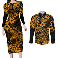 Hawaii Shark Couples Matching Long Sleeve Bodycon Dress and Long Sleeve Button Shirts Polynesian Pattern Gold Version LT01 Gold - Polynesian Pride