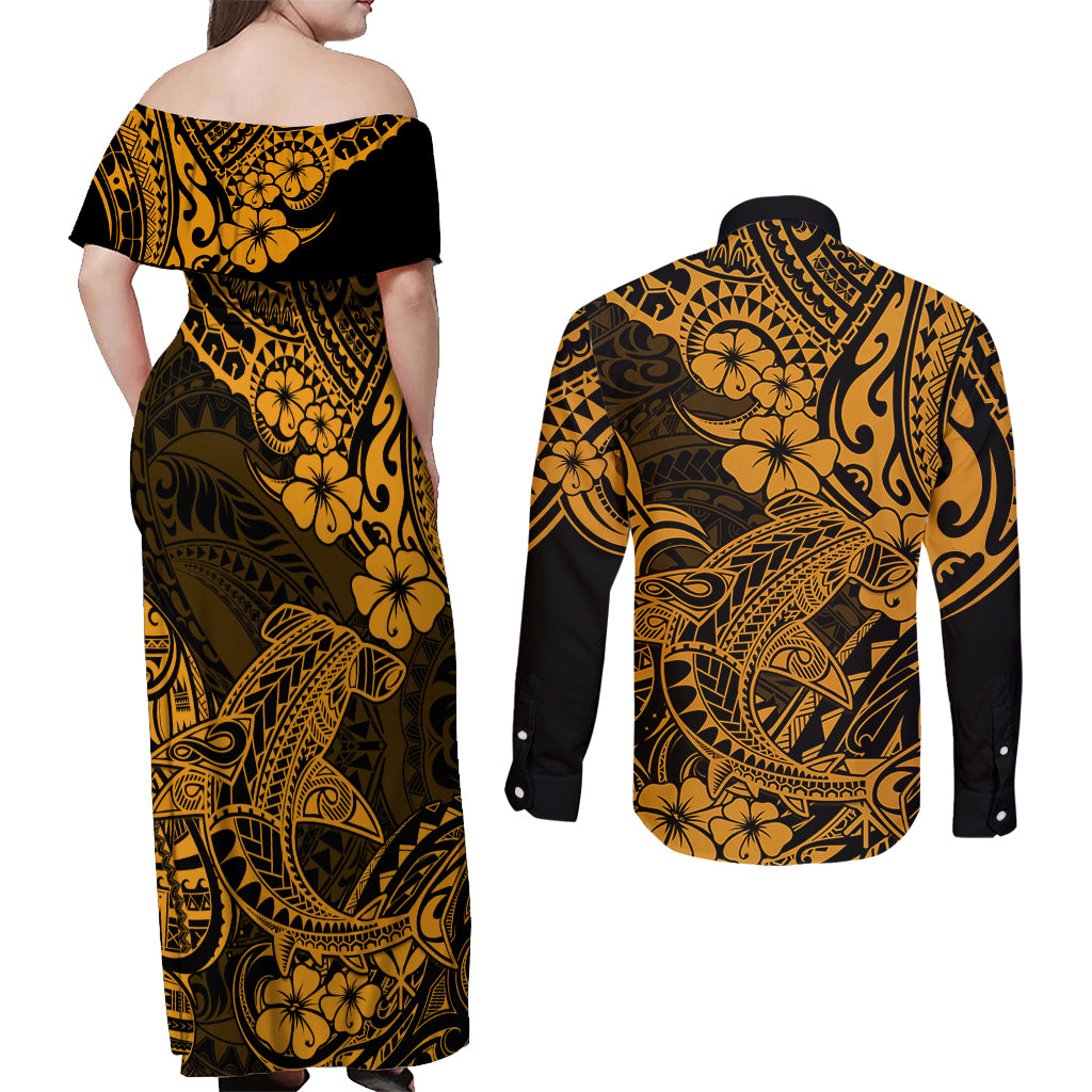 Hawaii Shark Couples Matching Off Shoulder Maxi Dress and Long Sleeve Button Shirts Polynesian Pattern Gold Version LT01 - Polynesian Pride