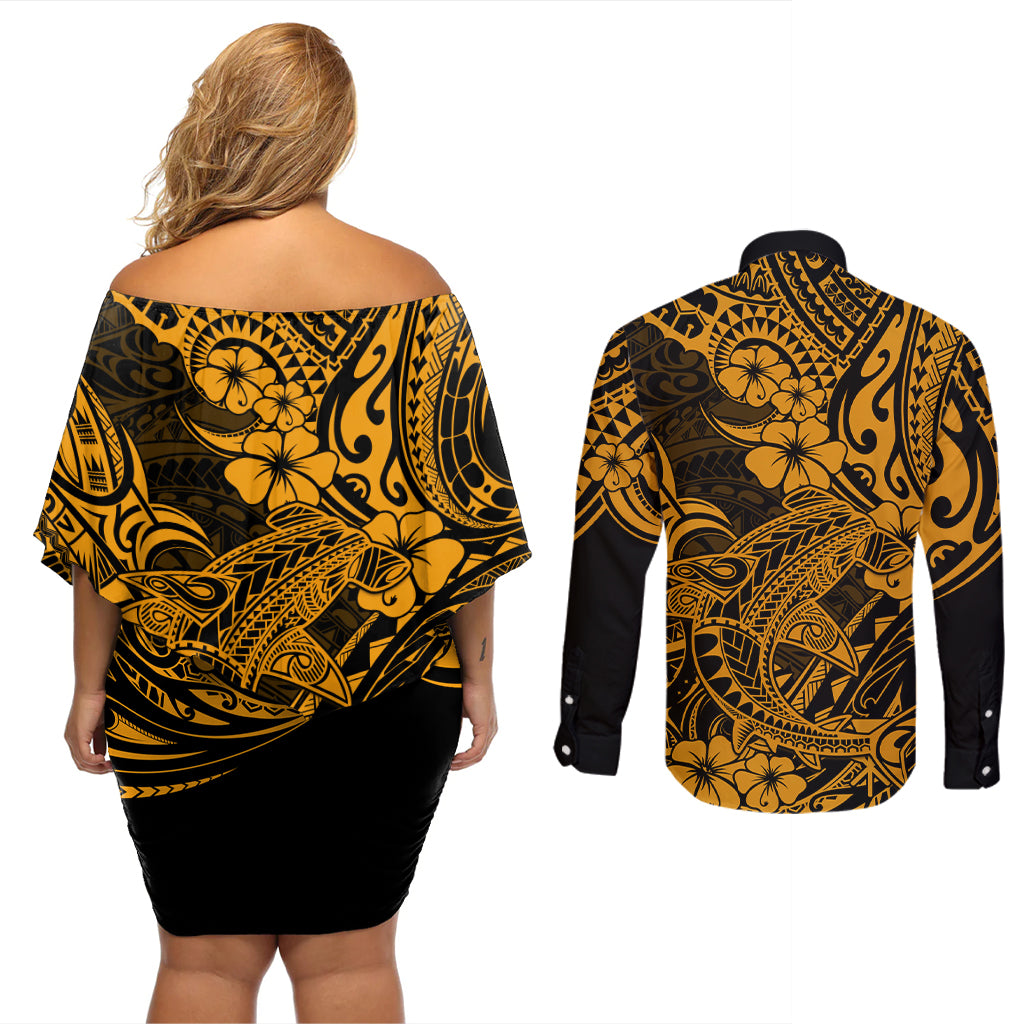Hawaii Shark Couples Matching Off Shoulder Short Dress and Long Sleeve Button Shirts Polynesian Pattern Gold Version LT01 - Polynesian Pride