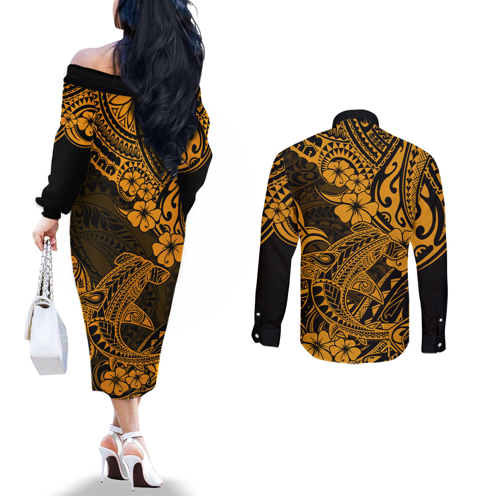 Hawaii Shark Couples Matching Off The Shoulder Long Sleeve Dress and Long Sleeve Button Shirts Polynesian Pattern Gold Version LT01 - Polynesian Pride