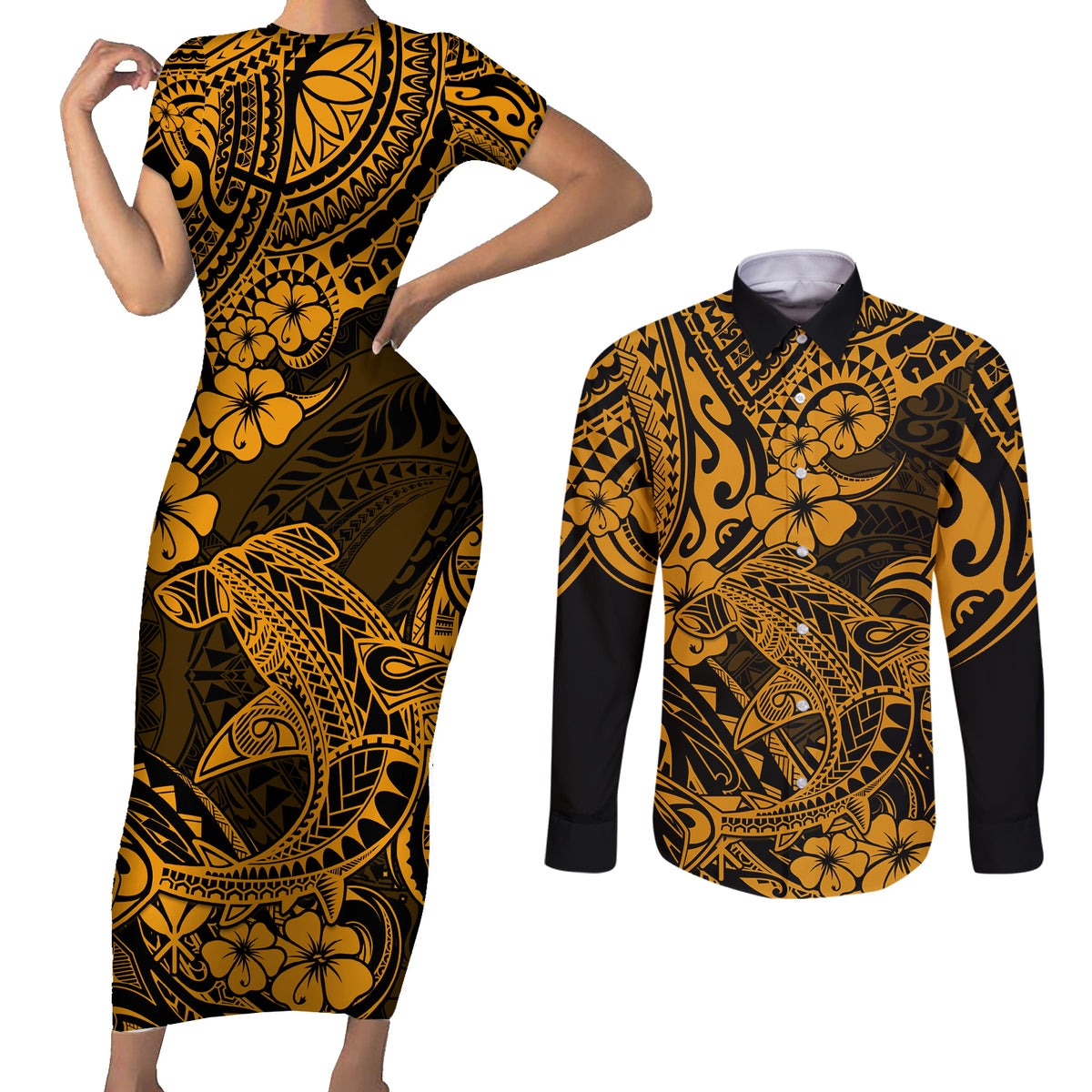 Hawaii Shark Couples Matching Short Sleeve Bodycon Dress and Long Sleeve Button Shirts Polynesian Pattern Gold Version LT01 Gold - Polynesian Pride