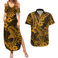 Hawaii Shark Couples Matching Summer Maxi Dress and Hawaiian Shirt Polynesian Pattern Gold Version LT01 Gold - Polynesian Pride