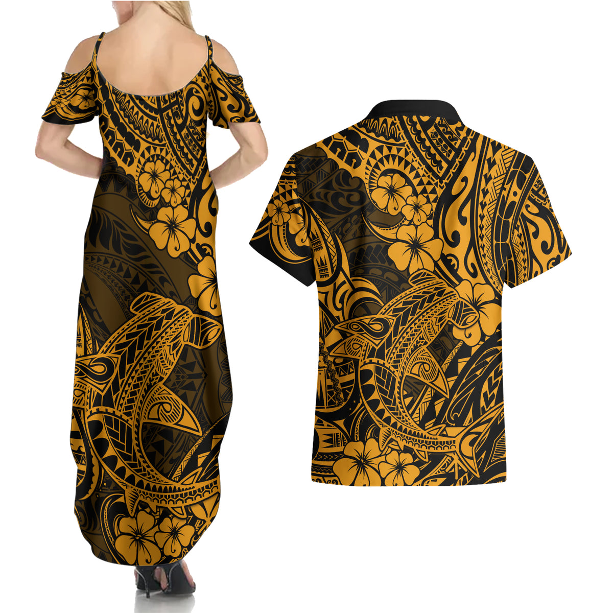 Hawaii Shark Couples Matching Summer Maxi Dress and Hawaiian Shirt Polynesian Pattern Gold Version LT01 - Polynesian Pride